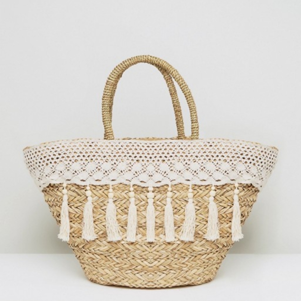 South Beach Cream Tassel & Crochet Straw Bag